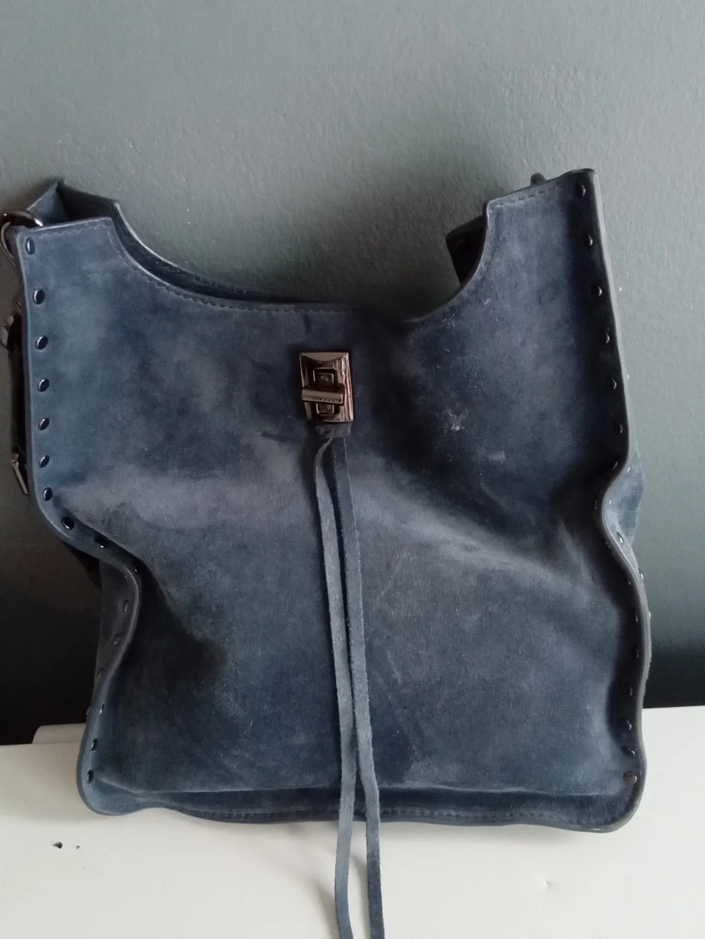 Rebecca Minkoff‎ Navy Blue Suede Studded Hobo Crossbody Bag with Guitar Strap